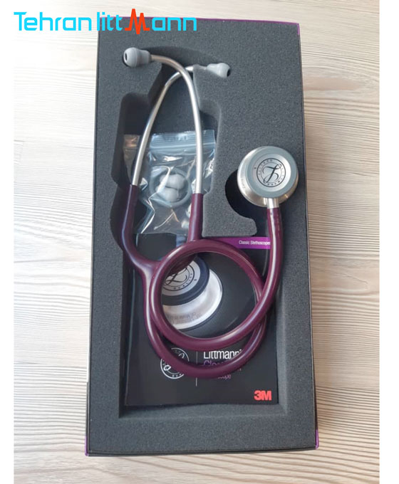 گوشی پزشکی لیتمن کلاسیک ۳ بادمجانی ۵۸۳۱ جعبه باز شده تصویر واقعی